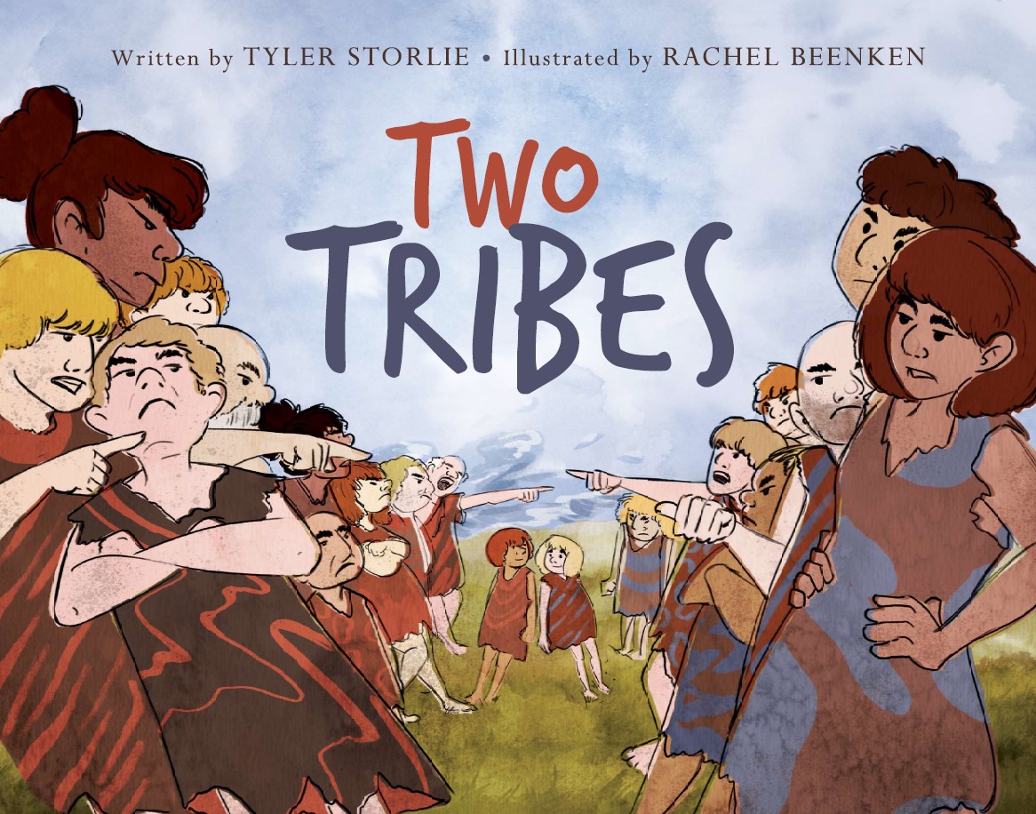 Two Tribes book cover: left-leaning and right-leaning villagers facing each other across a divided village of Home