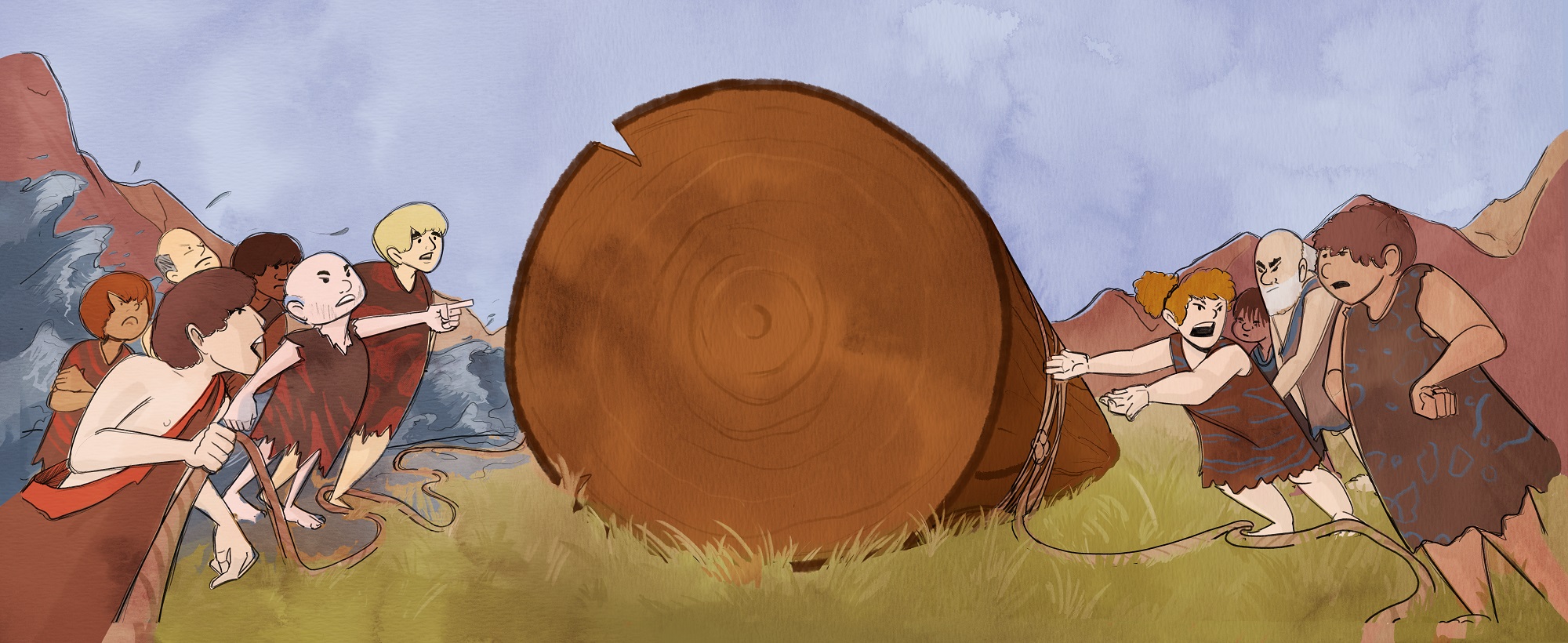 Interior illustration: villagers from opposite tribes arguing across a fallen log