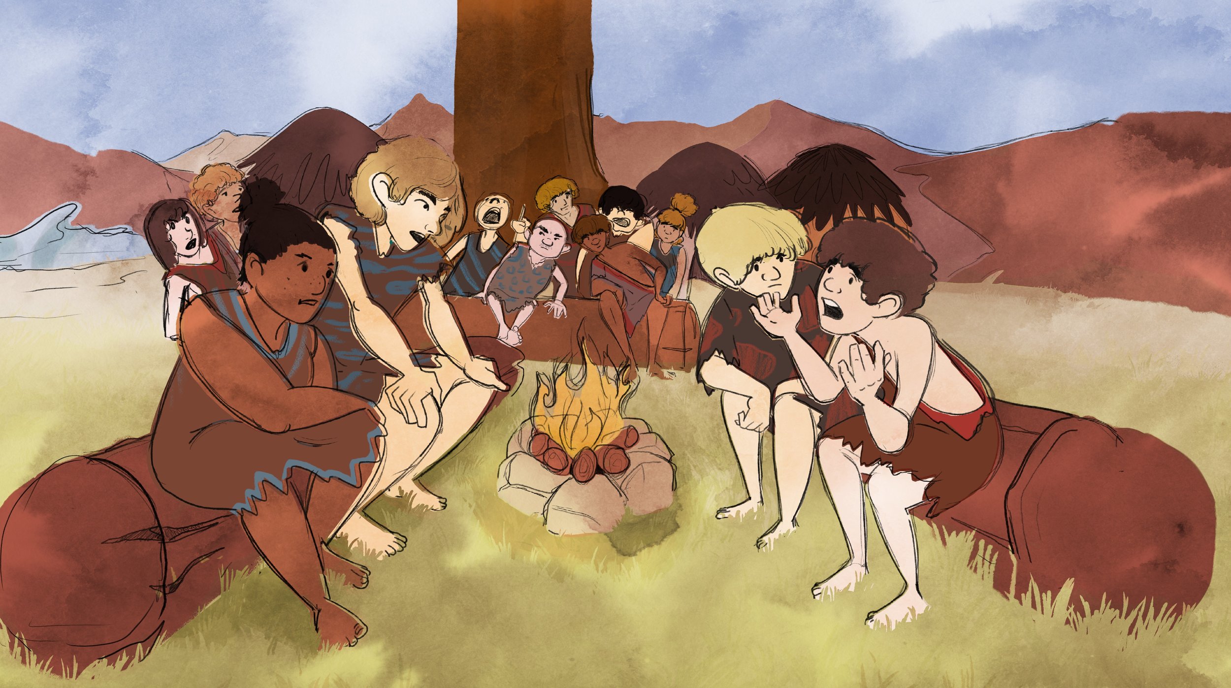 Interior illustration: villagers gathered together around a campfire after finding common ground